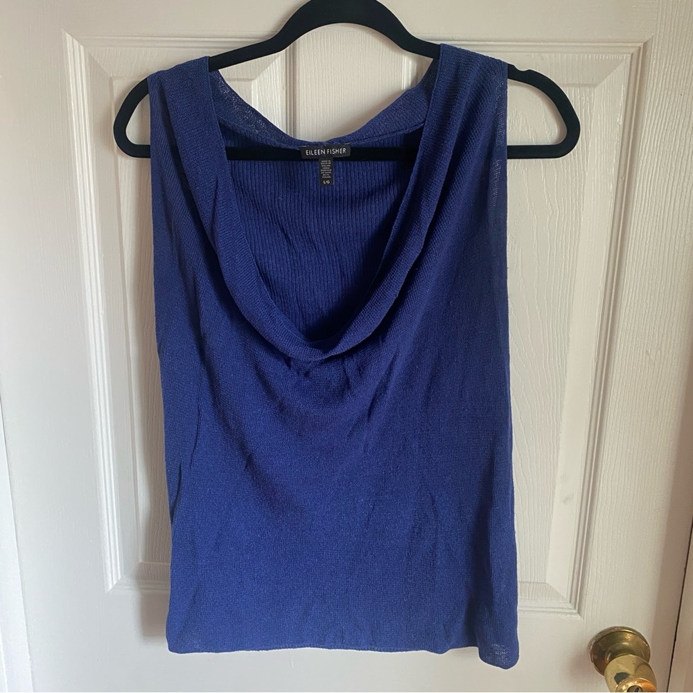 Eileen Fisher Blue Cowl Neck Sleeveless Knit Shirt Large